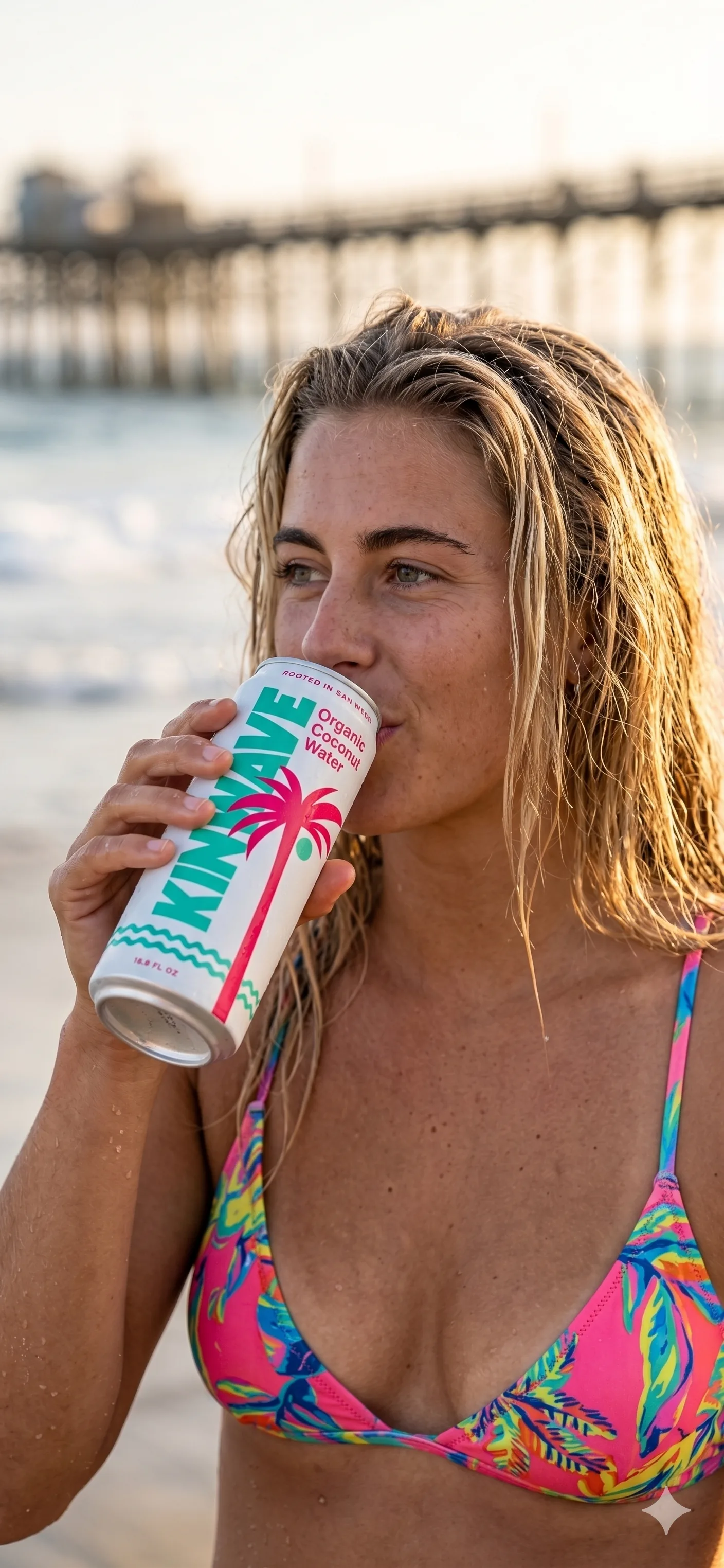 Woman drinking a KINWAVE can outdoors
